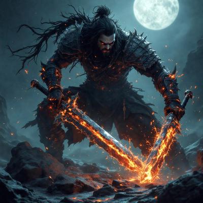 The primary subject of the image is a man holding two swords, possibly a warrior or a demon. He is standing in a dark, possibly demonic, environment. The setting appears to be a nighttime scene with a moon visible in the background. The visual style of the image is a digital art or illustration, giving it a dramatic and intense atmosphere. The dominant colors in the image are dark shades, such as black, red, and orange, which contribute to the demonic and mysterious mood.